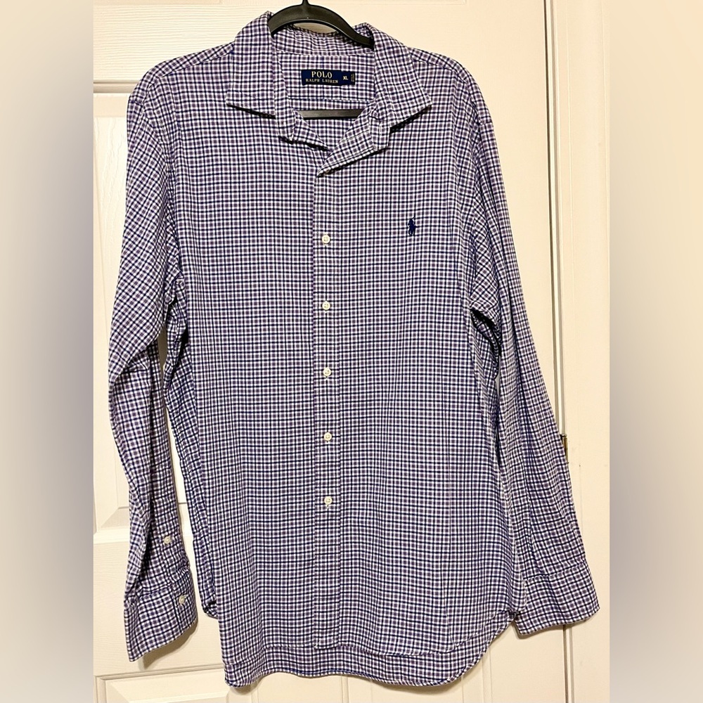 Polo by Ralph Lauren Men's Navy Purple and White Gingham Shirt, XL